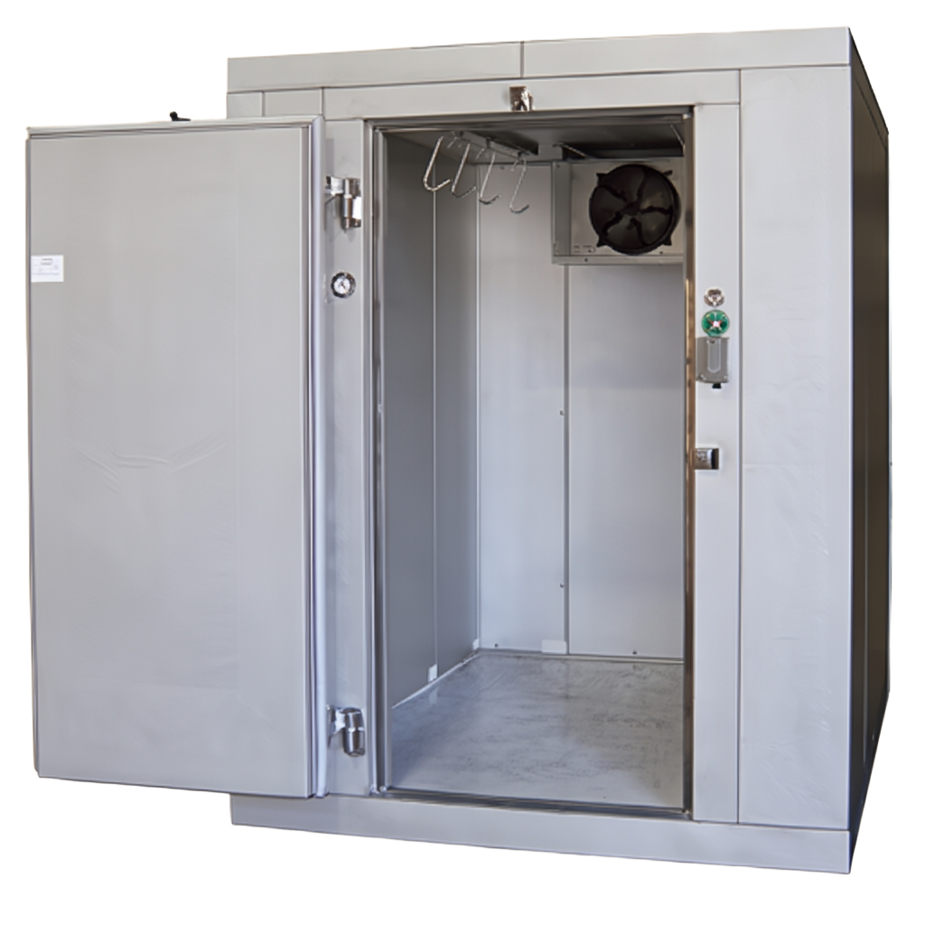 Foster walk-in cooler — commercial kitchen install with stainless steel doors