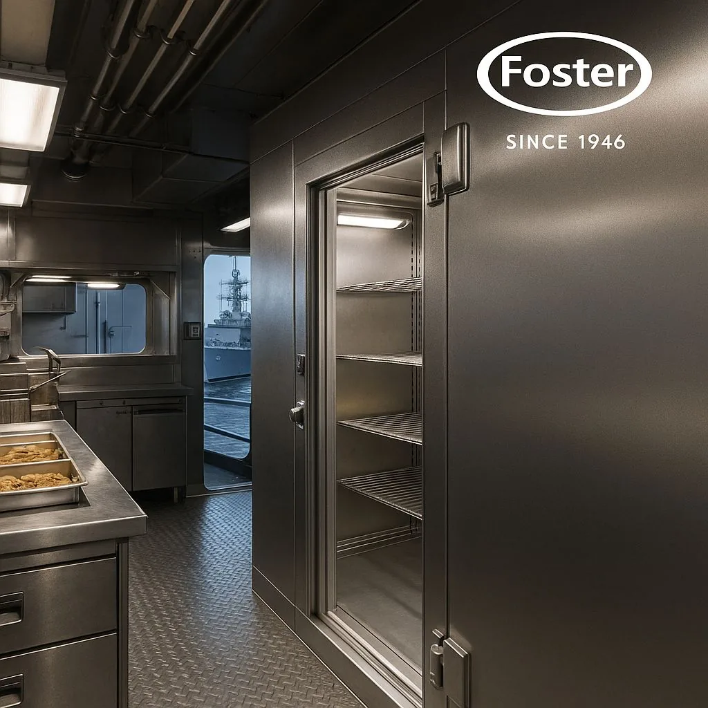Foster walk-in cooler interior — 8×12 commercial install with diamond-plate floor